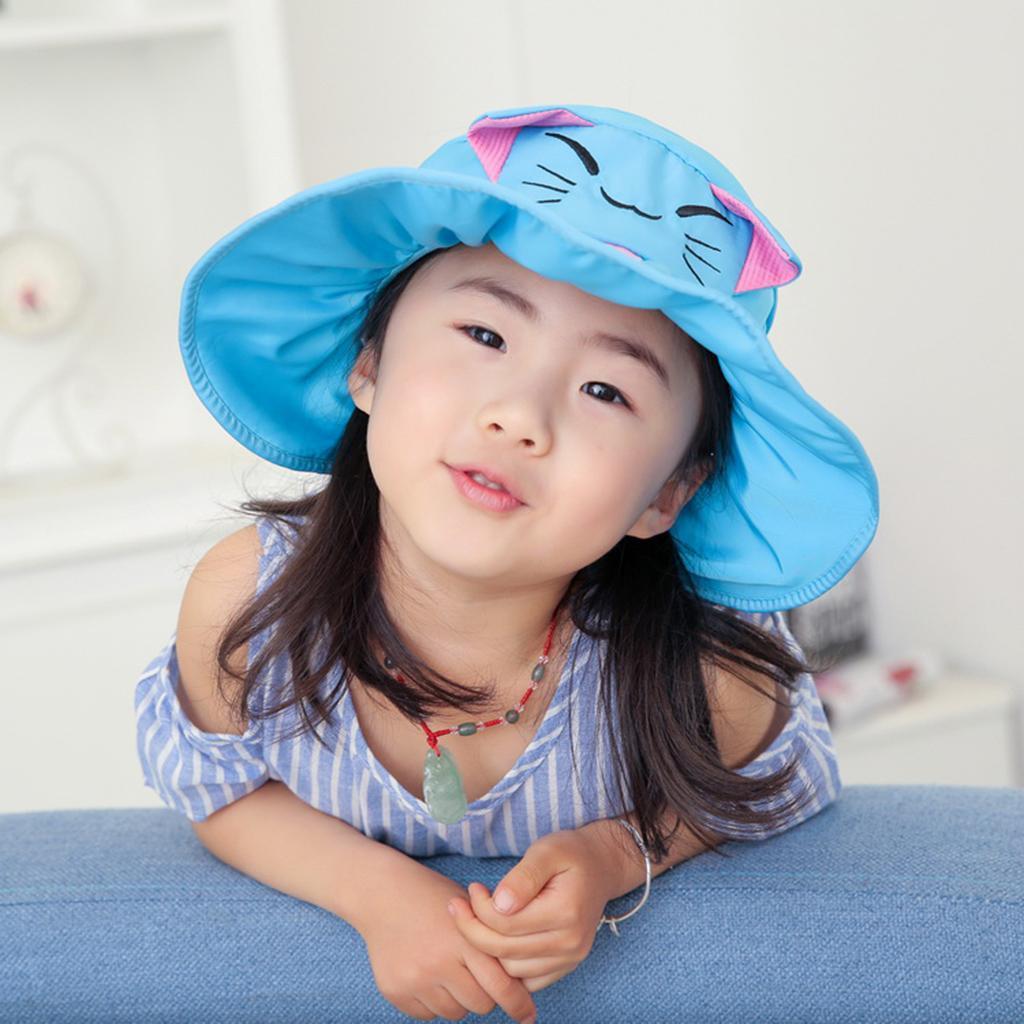 Kids Girl Summer Wide Brim Sun Protection Beach Foldable Hat Blue