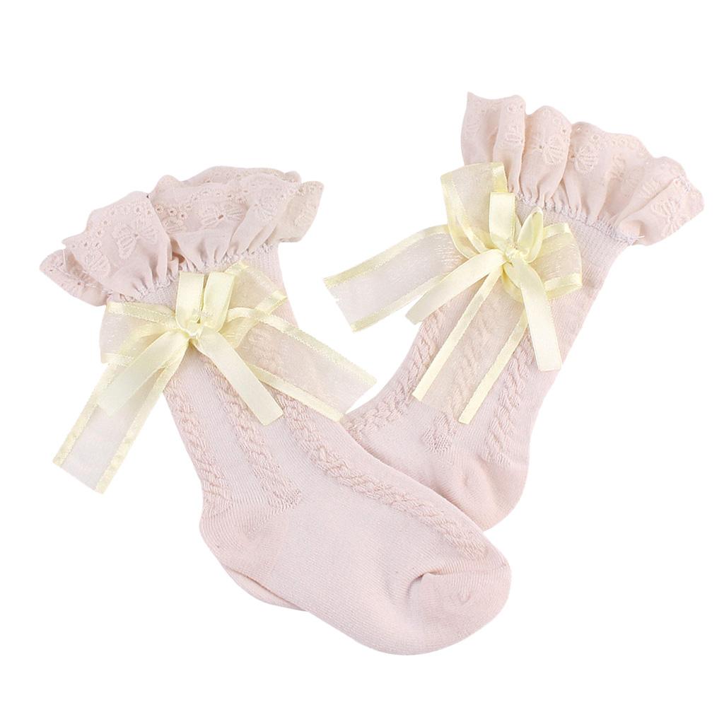 Baby Girls knee High Socks Ruffled Bow Toddler Babies School Socks 2-4T Beige