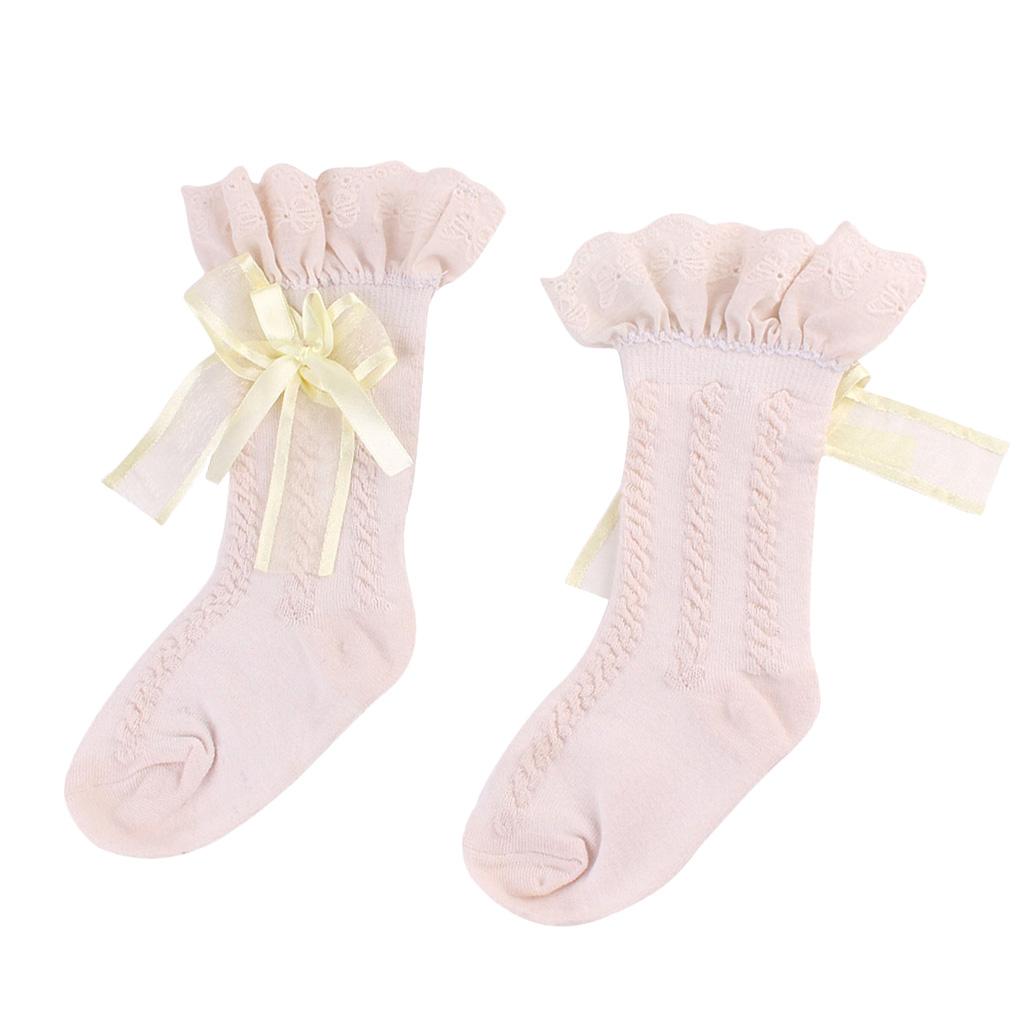 Baby Girls knee High Socks Ruffled Bow Toddler Babies School Socks 2-4T Beige