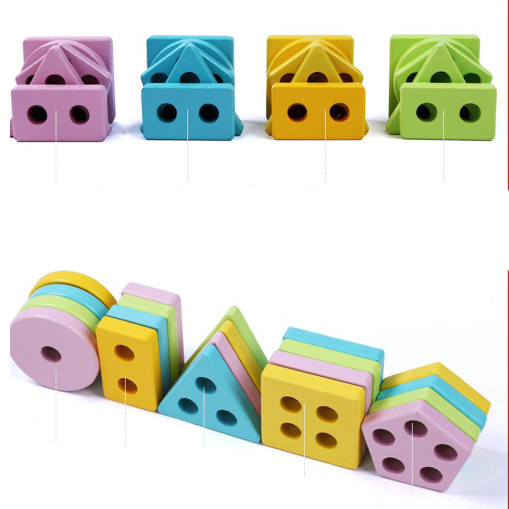 Wooden Geometric Stacker Shape Column Building Block Set Educational Kids IQ Toy