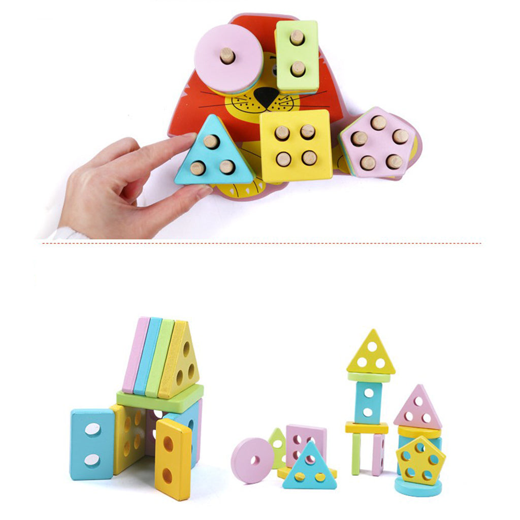 Wooden Geometric Stacker Shape Column Building Block Set Educational Kids IQ Toy