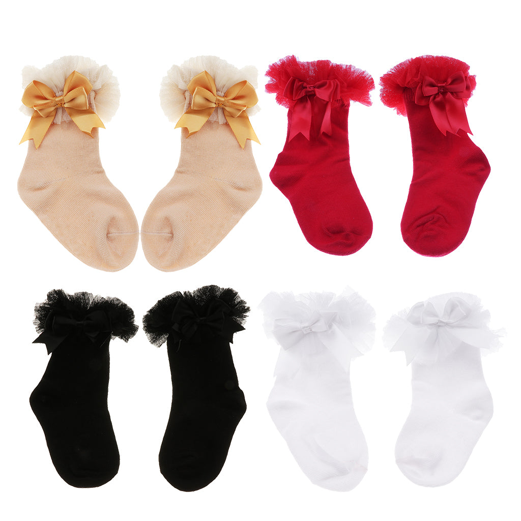 1 Pair Baby Kids Girls Layer Mesh Lace Bow Short Socks S (0-2 Years) Black