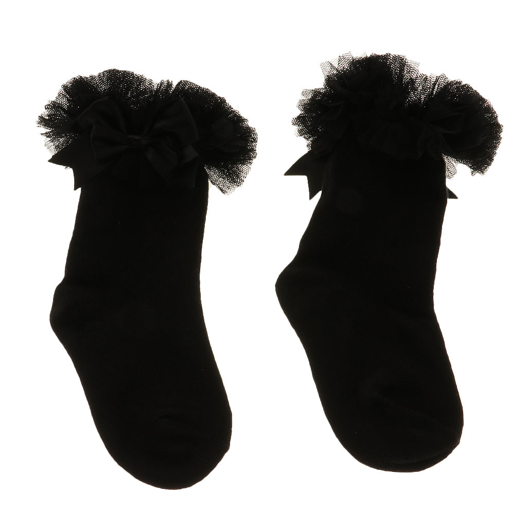 1 Pair Baby Kids Girls Layer Mesh Lace Bow Short Socks S (0-2 Years) Black