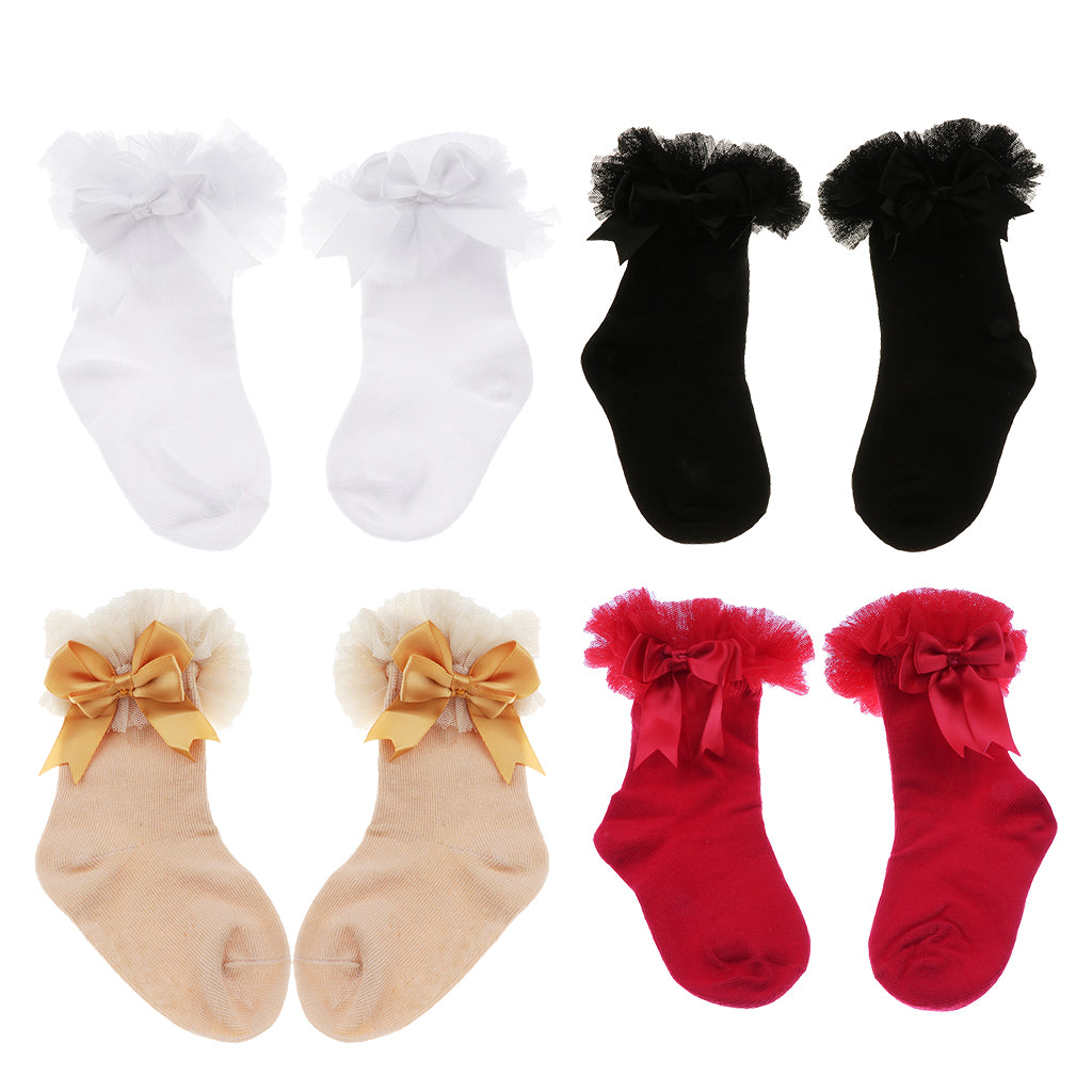 1 Pair Baby Kids Girls Layer Mesh Lace Bow Short Socks M (2-4 Years) Black