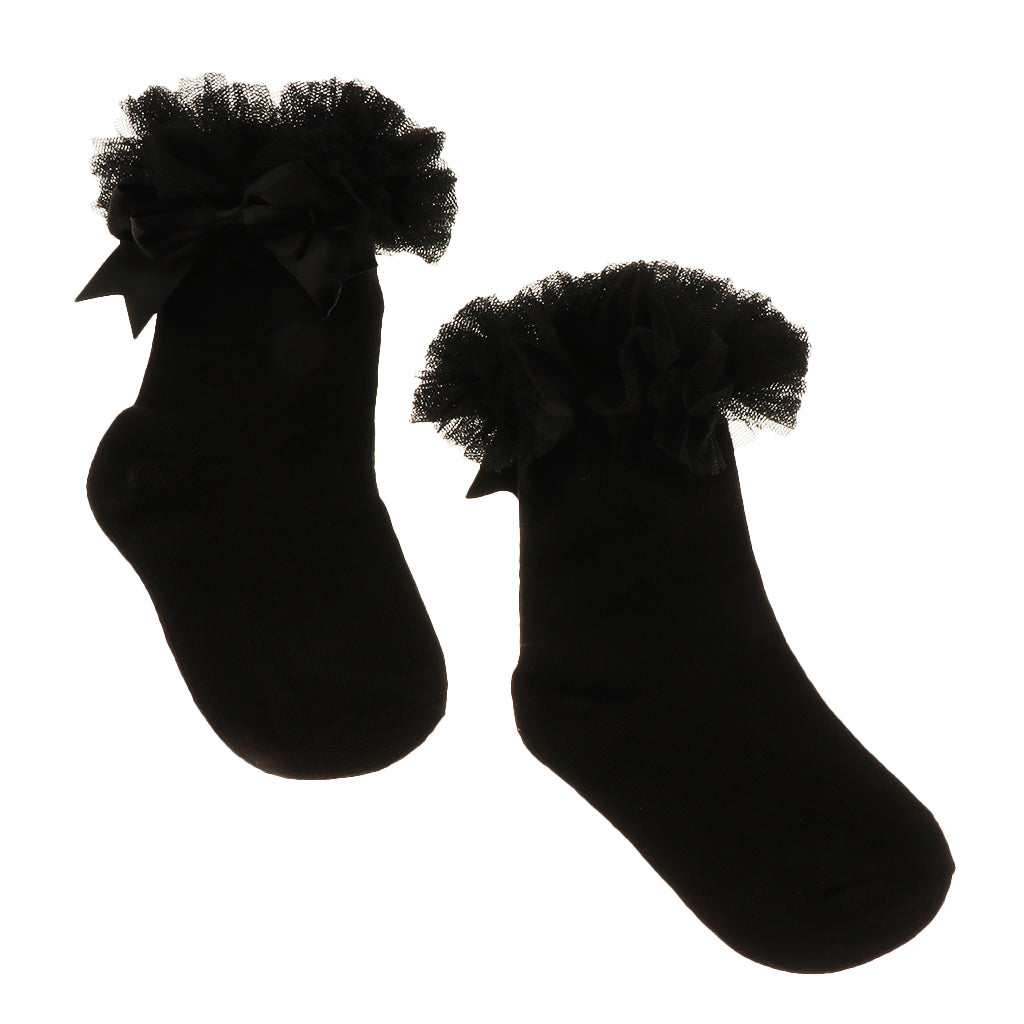 1 Pair Baby Kids Girls Layer Mesh Lace Bow Short Socks L (4-6 Years) Black