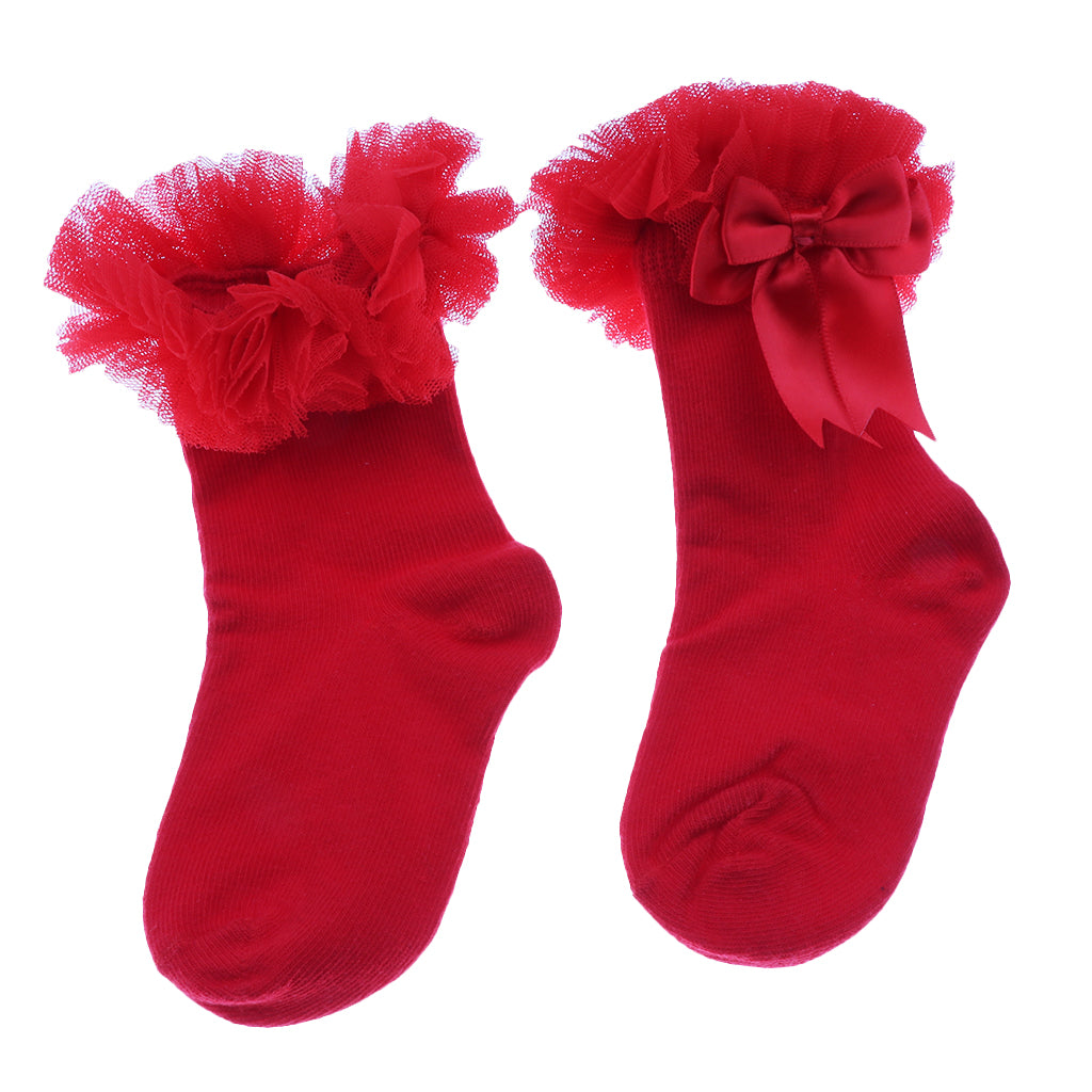 1 Pair Baby Kids Girls Layer Mesh Lace Bow Short Socks M (2-4 Years) Red