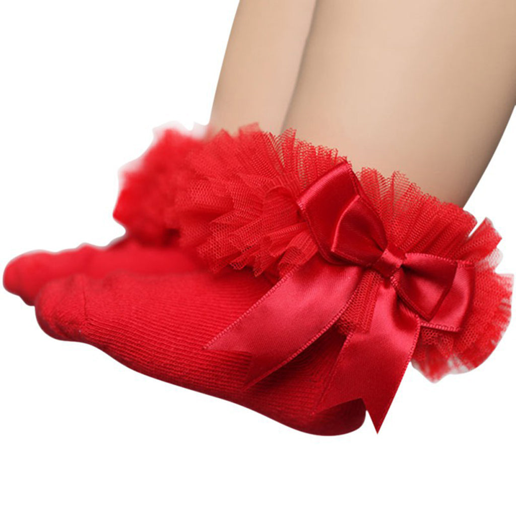 1 Pair Baby Kids Girls Layer Mesh Lace Bow Short Socks L (4-6 Years) Red