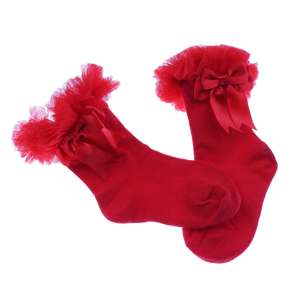 1 Pair Baby Kids Girls Layer Mesh Lace Bow Short Socks L (4-6 Years) Red