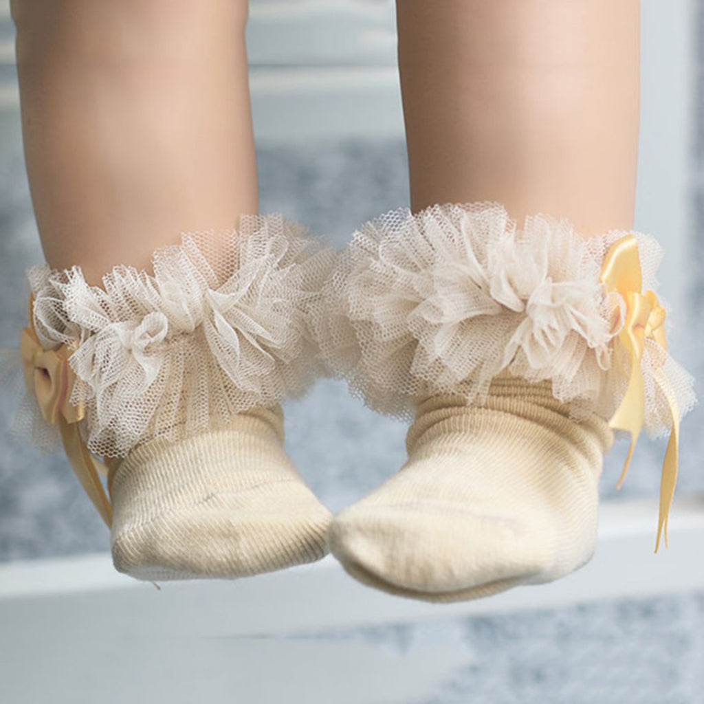 1 Pair Baby Kids Girls Layer Mesh Lace Bow Short Socks S (0-2 Years) Beige