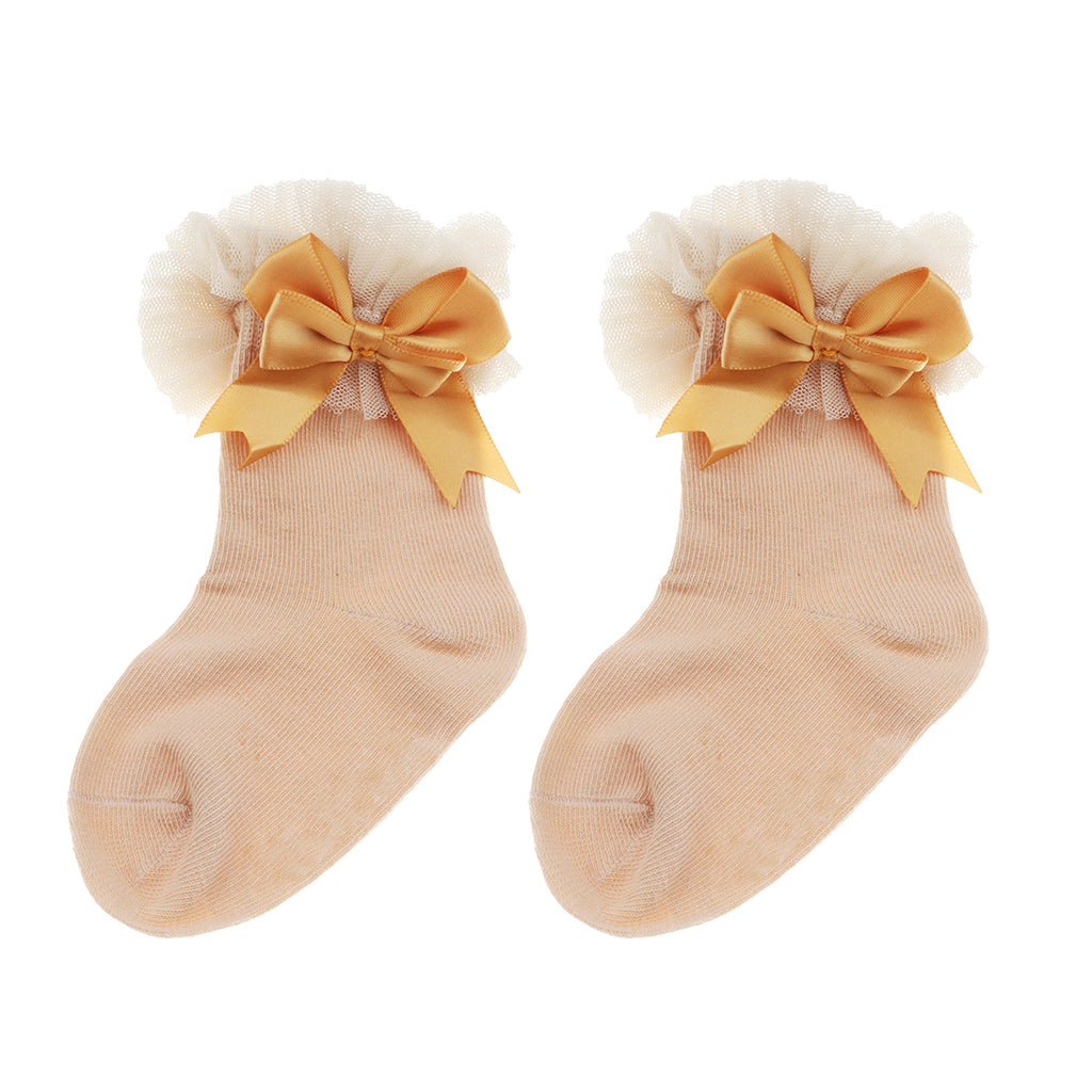 1 Pair Baby Kids Girls Layer Mesh Lace Bow Short Socks S (0-2 Years) Beige