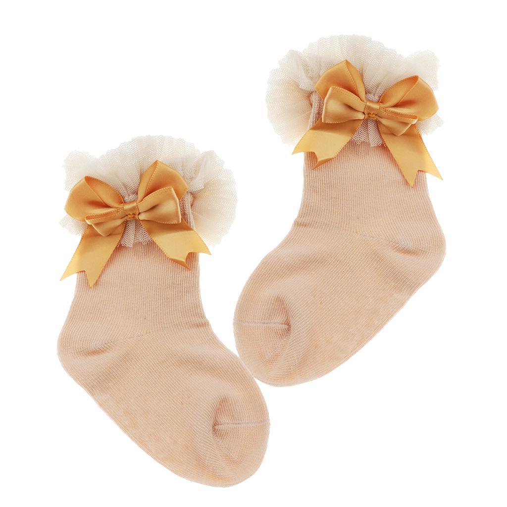 1 Pair Baby Kids Girls Layer Mesh Lace Bow Short Socks L (4-6 Years) Beige