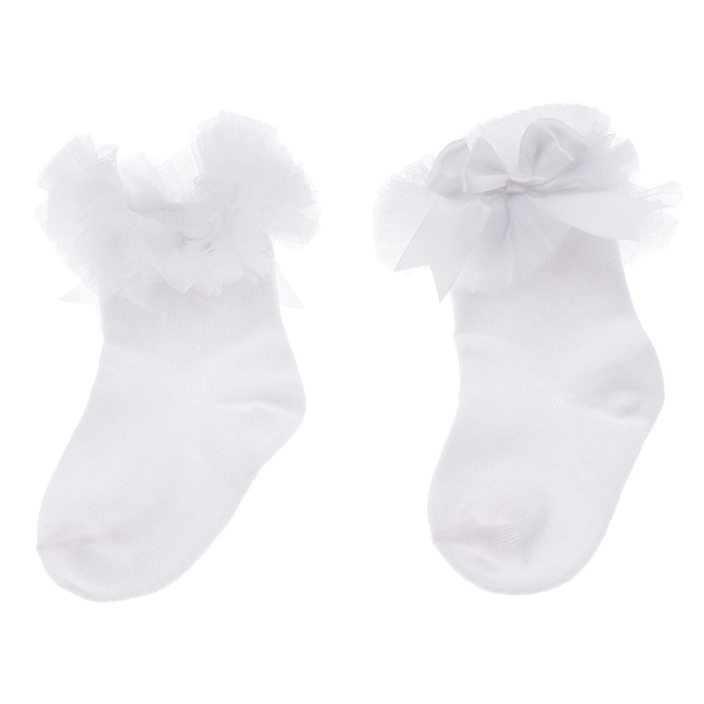 1 Pair Baby Kids Girls Layer Mesh Lace Bow Short Socks M (2-4 Years) White