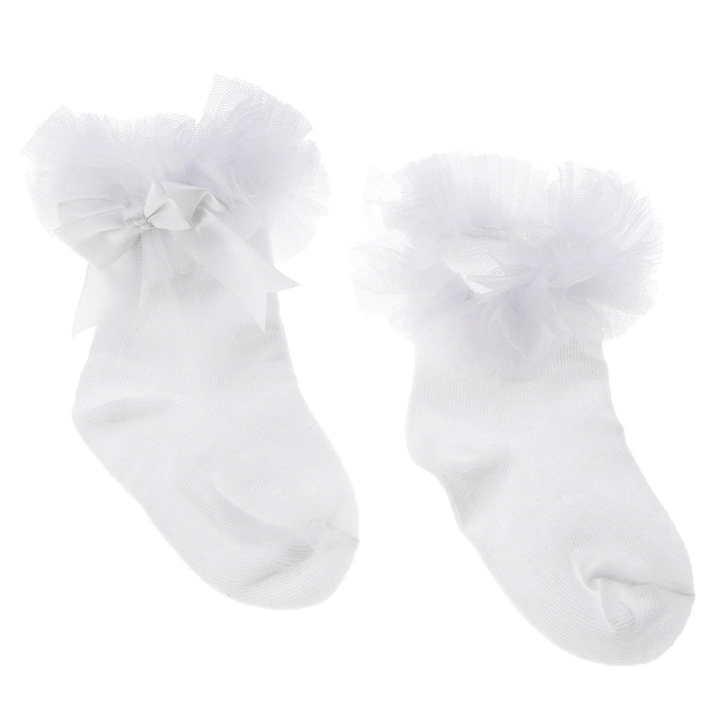 1 Pair Baby Kids Girls Layer Mesh Lace Bow Short Socks L (4-6 Years) White