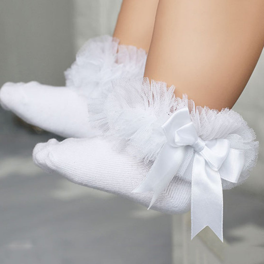 1 Pair Baby Kids Girls Layer Mesh Lace Bow Short Socks L (4-6 Years) White