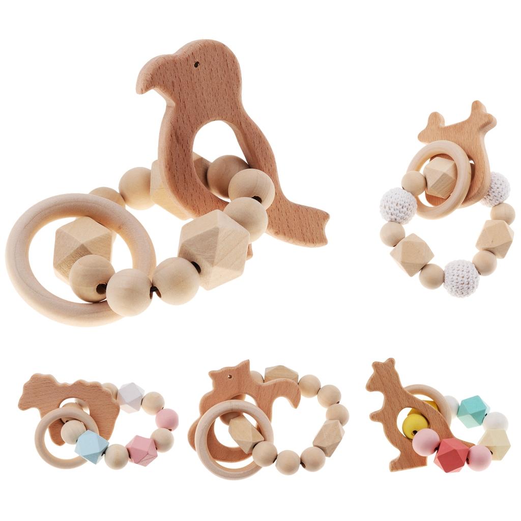 Safe Wooden Baby Teether Wood Teething Bracelet Rings Cow