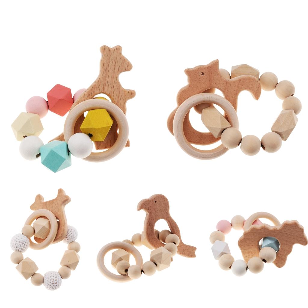 Safe Wooden Baby Teether Wood Teething Bracelet Rings Cow