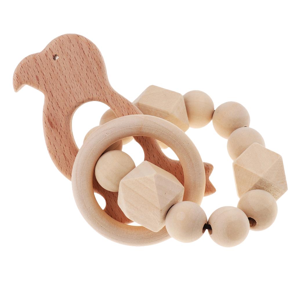 Safe Wooden Baby Teether Wood Teething Bracelet Rings Bird