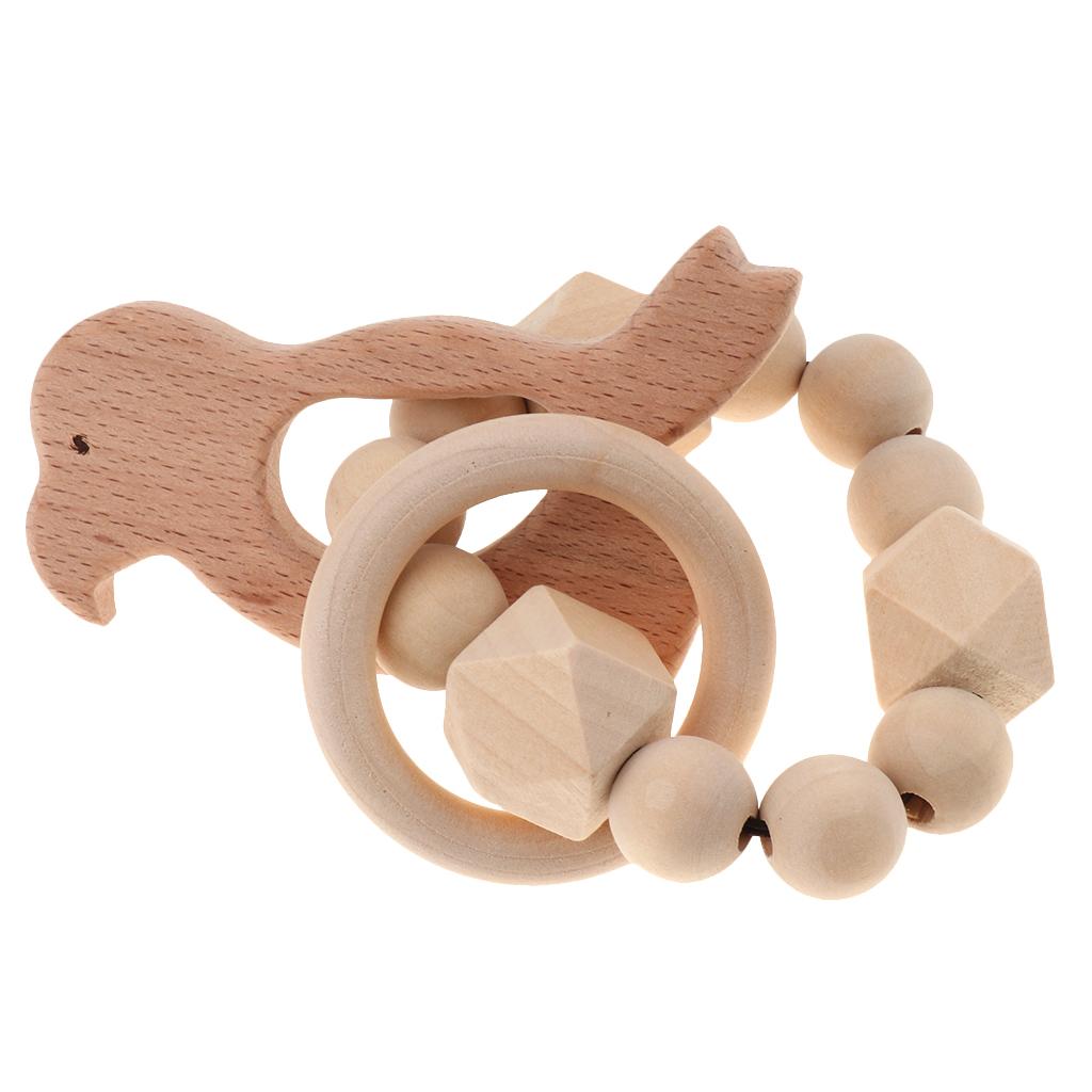 Safe Wooden Baby Teether Wood Teething Bracelet Rings Bird