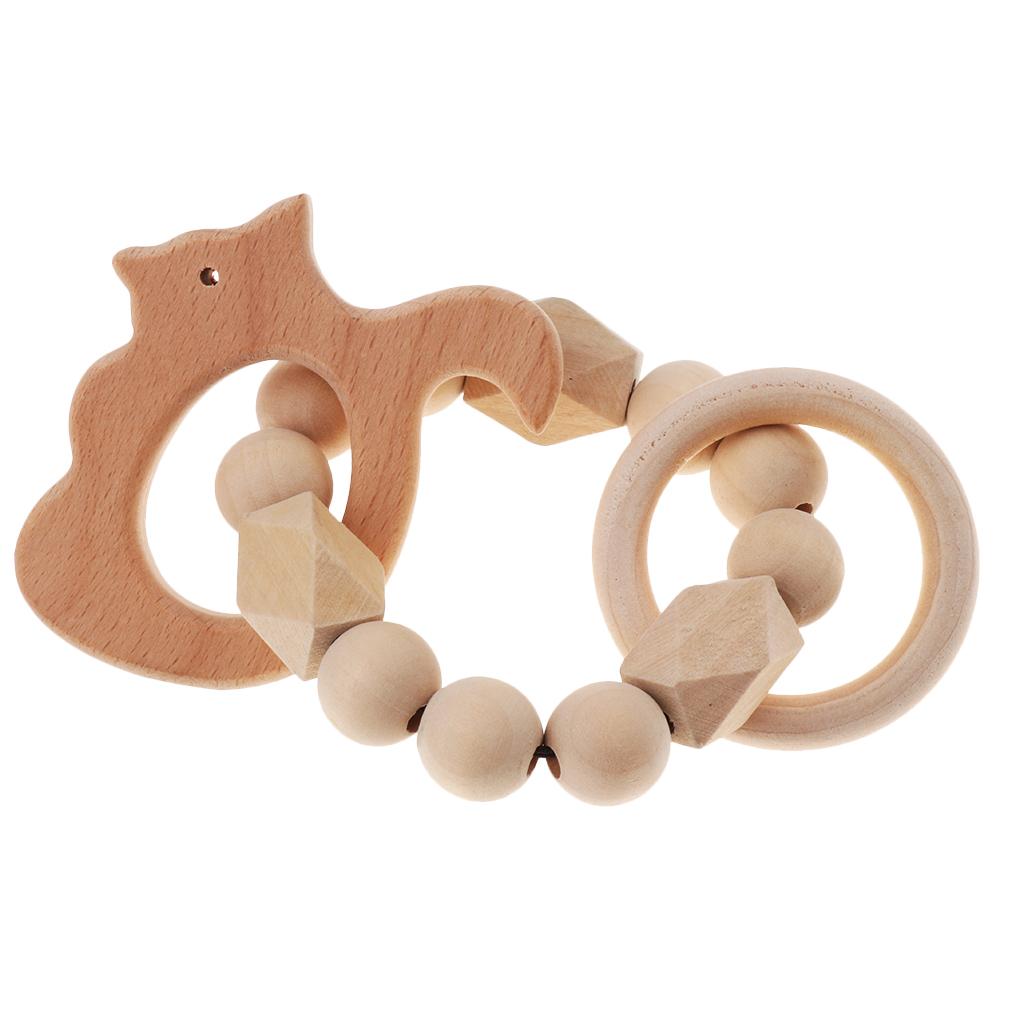 Safe Wooden Baby Teether Wood Teething Bracelet Rings Squirrel