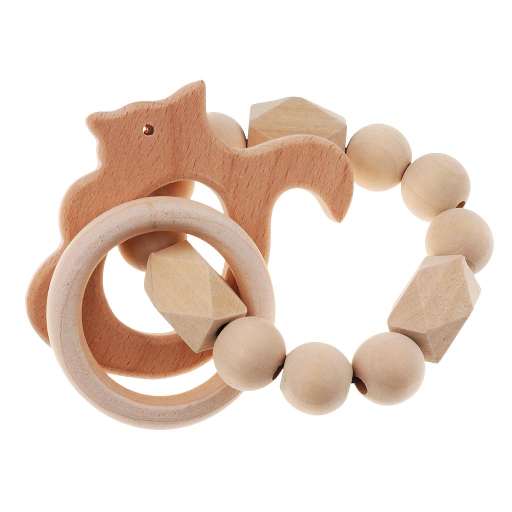 Safe Wooden Baby Teether Wood Teething Bracelet Rings Squirrel