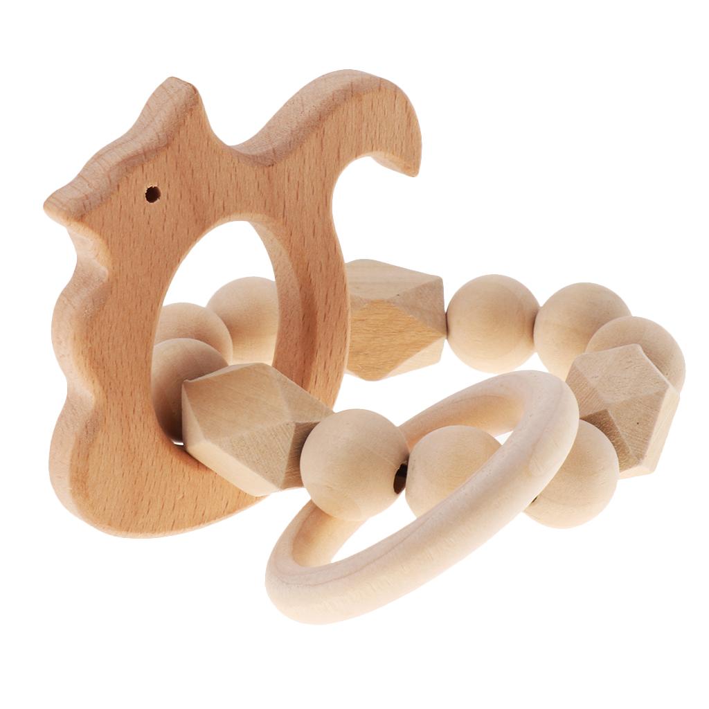 Safe Wooden Baby Teether Wood Teething Bracelet Rings Squirrel