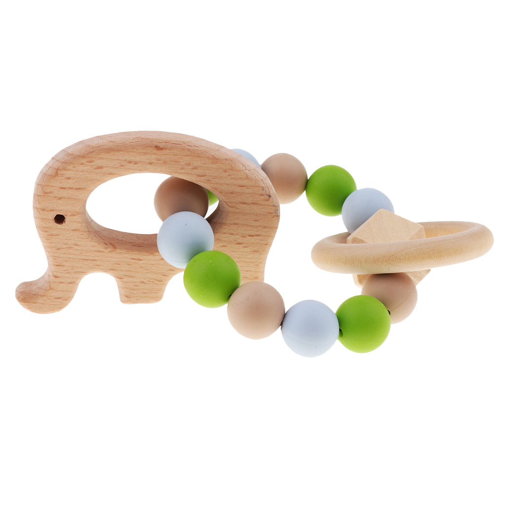 Wooden Crochet Beads Bracelet Teether Baby Kid Grasping Nursing Toy Elephant