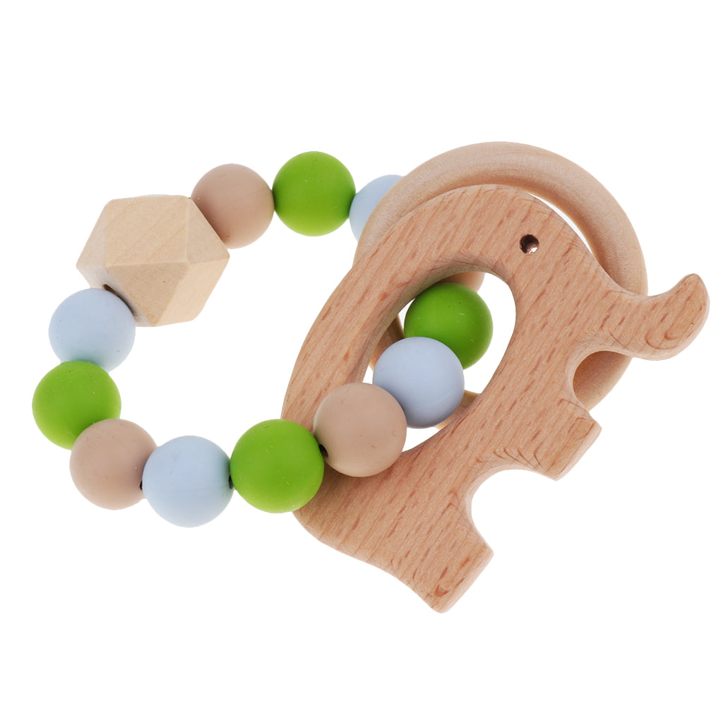 Wooden Crochet Beads Bracelet Teether Baby Kid Grasping Nursing Toy Elephant