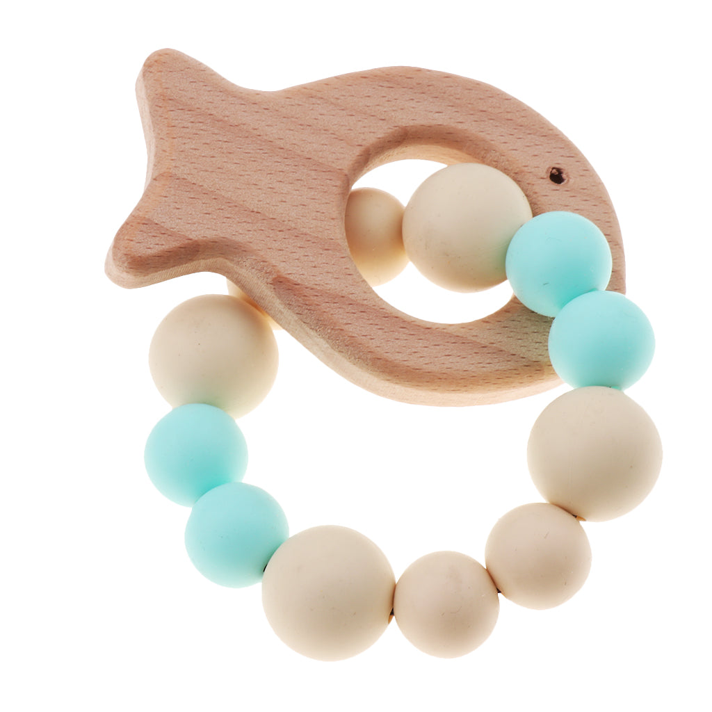 Wooden Crochet Beads Bracelet Teether Baby Kid Grasping Nursing Toy Fish