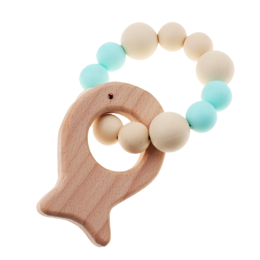 Wooden Crochet Beads Bracelet Teether Baby Kid Grasping Nursing Toy Fish