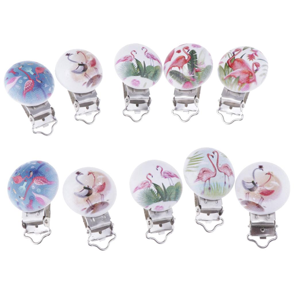 10Pcs Wood Home Baby Round Pacifier Clip Metal Holders Flamingo