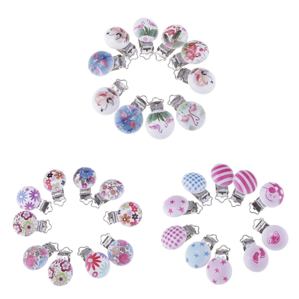 10Pcs Wood Home Baby Round Pacifier Clip Metal Holders Flamingo