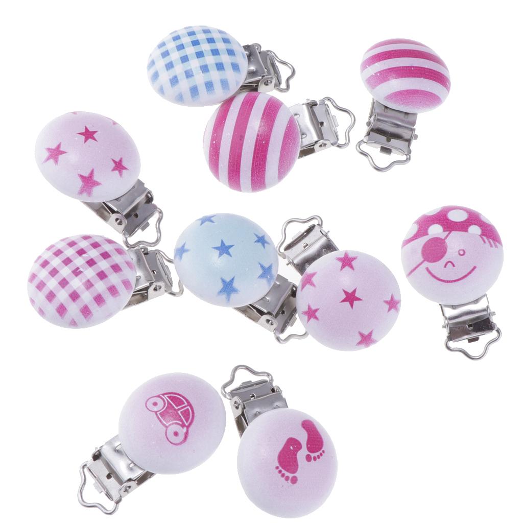 10Pcs Wood Home Baby Round Pacifier Clip Metal Holders Stripe