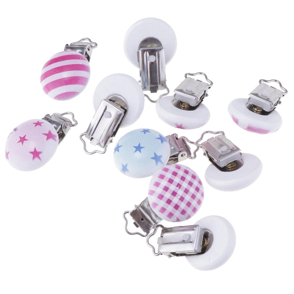 10Pcs Wood Home Baby Round Pacifier Clip Metal Holders Stripe