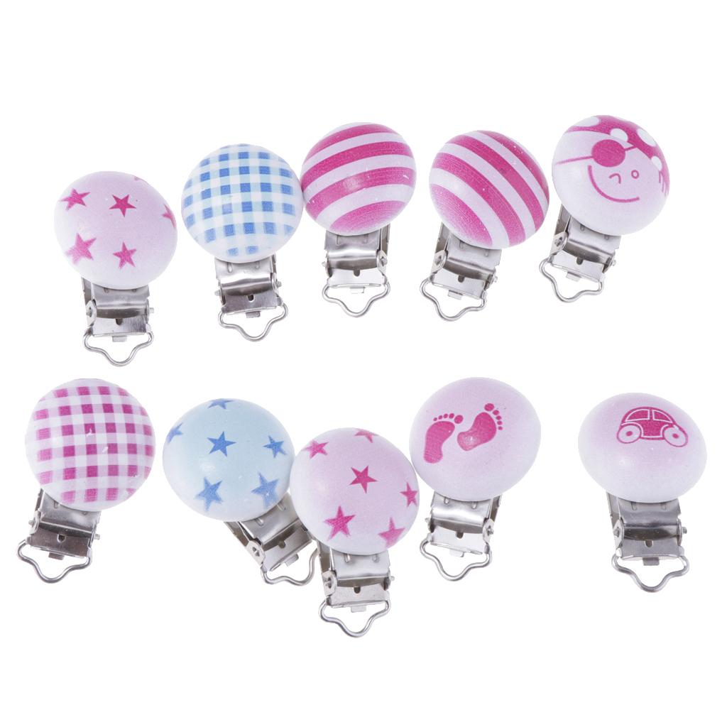 10Pcs Wood Home Baby Round Pacifier Clip Metal Holders Stripe