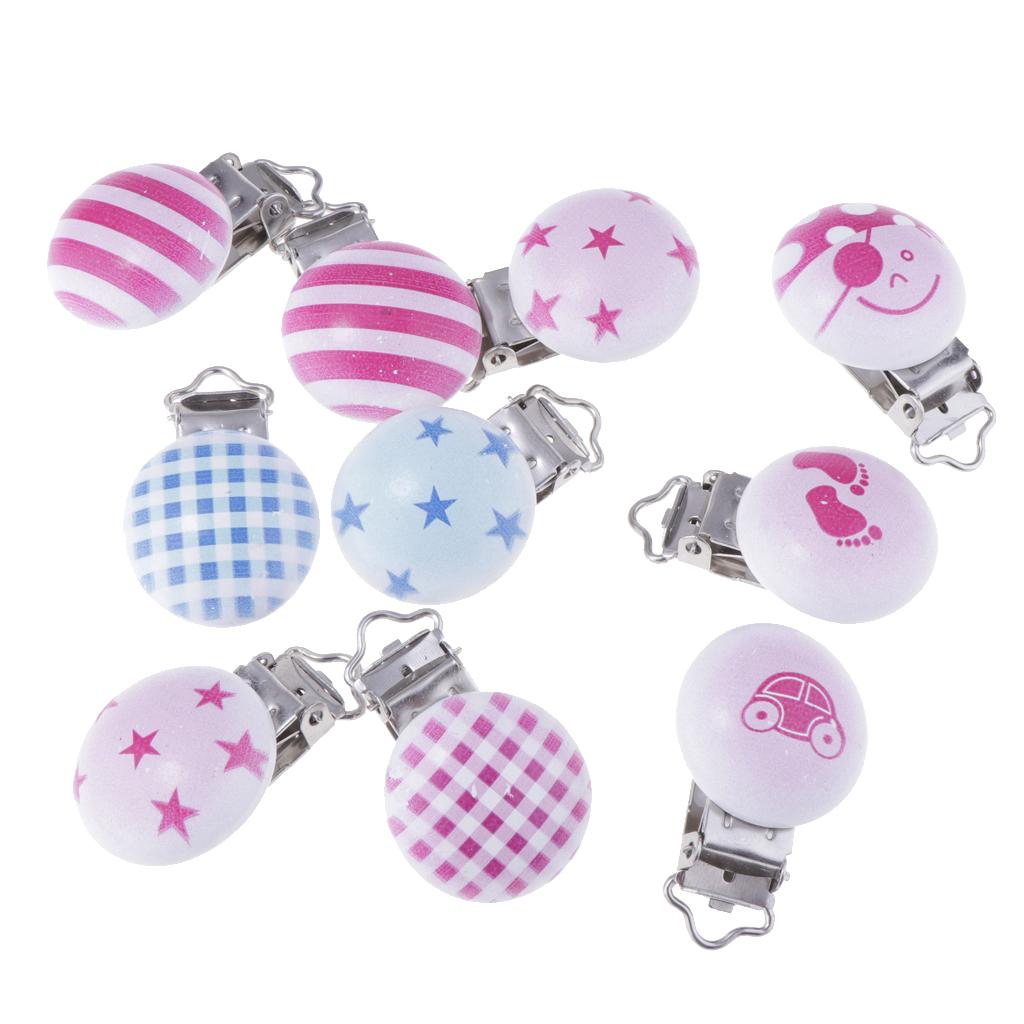 10Pcs Wood Home Baby Round Pacifier Clip Metal Holders Stripe