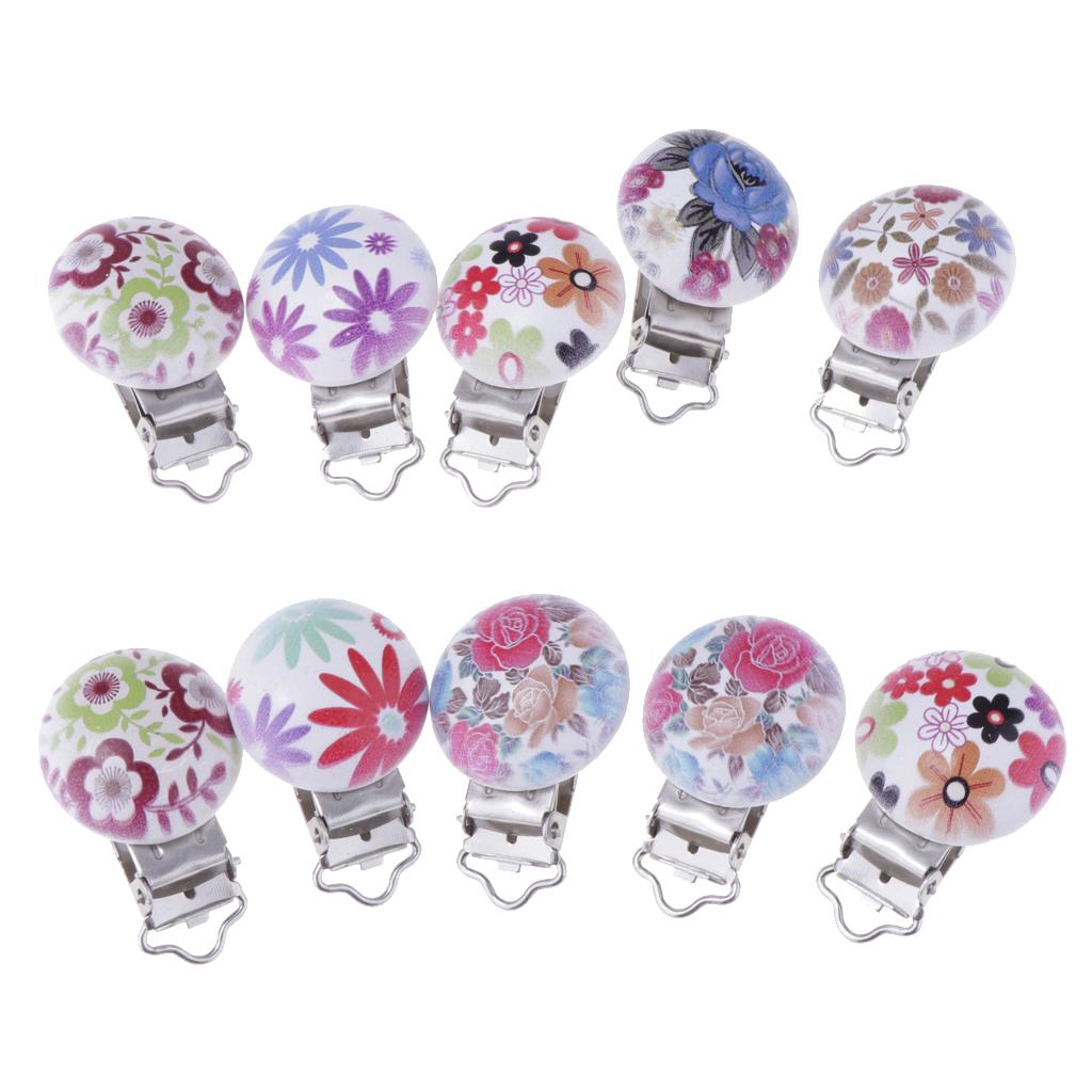 10Pcs Wood Home Baby Round Pacifier Clip Metal Holders Flower