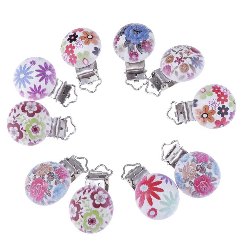 10Pcs Wood Home Baby Round Pacifier Clip Metal Holders Flower