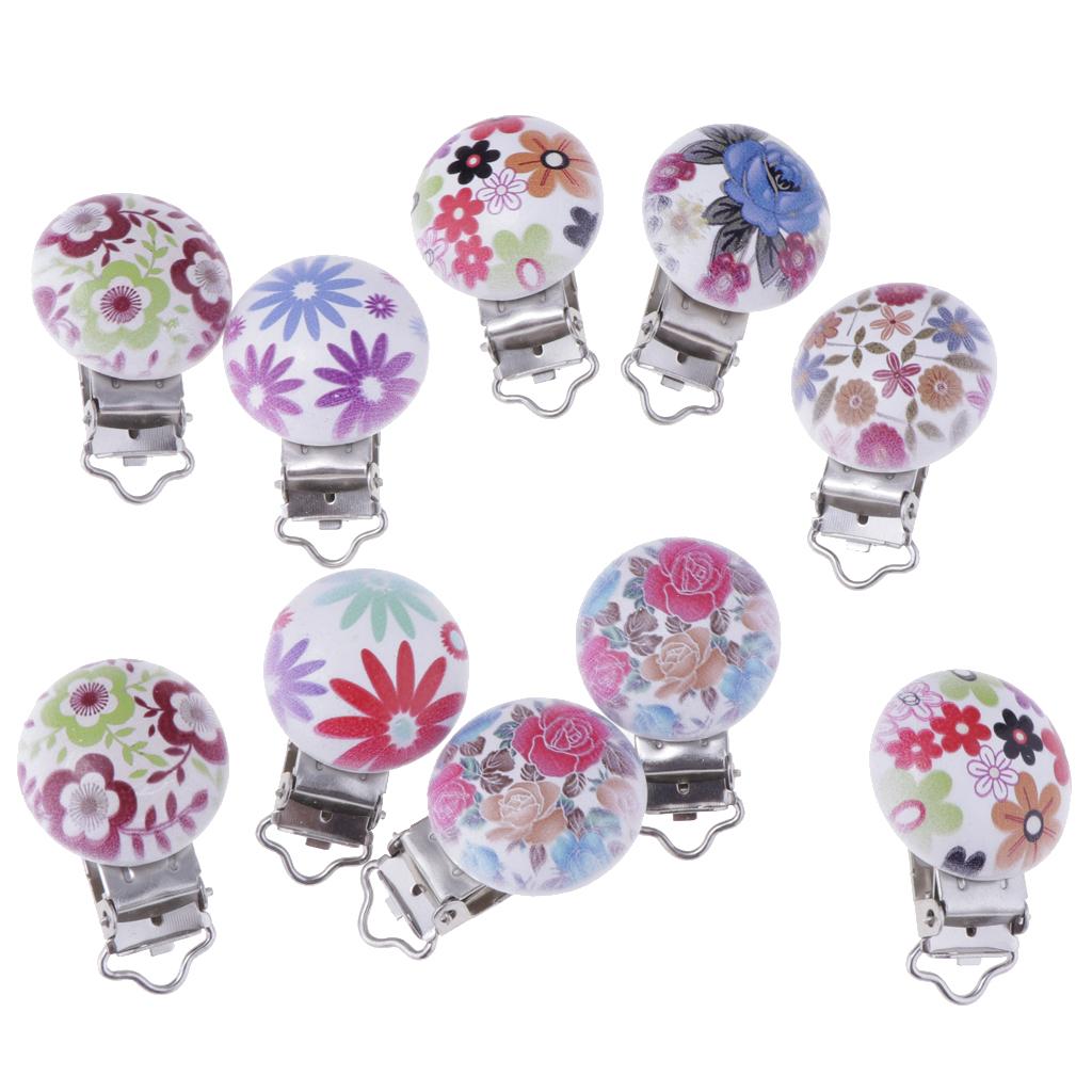 10Pcs Wood Home Baby Round Pacifier Clip Metal Holders Flower