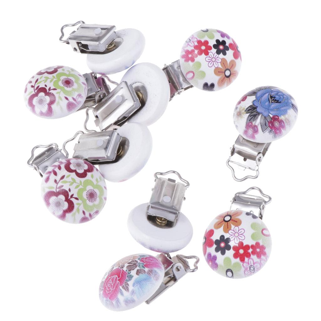 10Pcs Wood Home Baby Round Pacifier Clip Metal Holders Flower