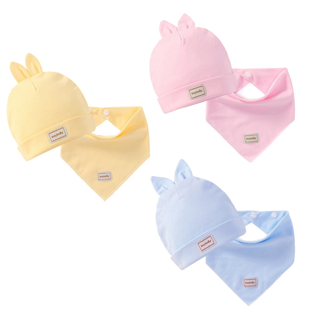 Cotton Beanie Hat Triangle Drool Bib Set for Baby Boy Girls Pink