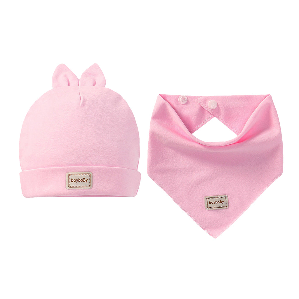 Cotton Beanie Hat Triangle Drool Bib Set for Baby Boy Girls Pink