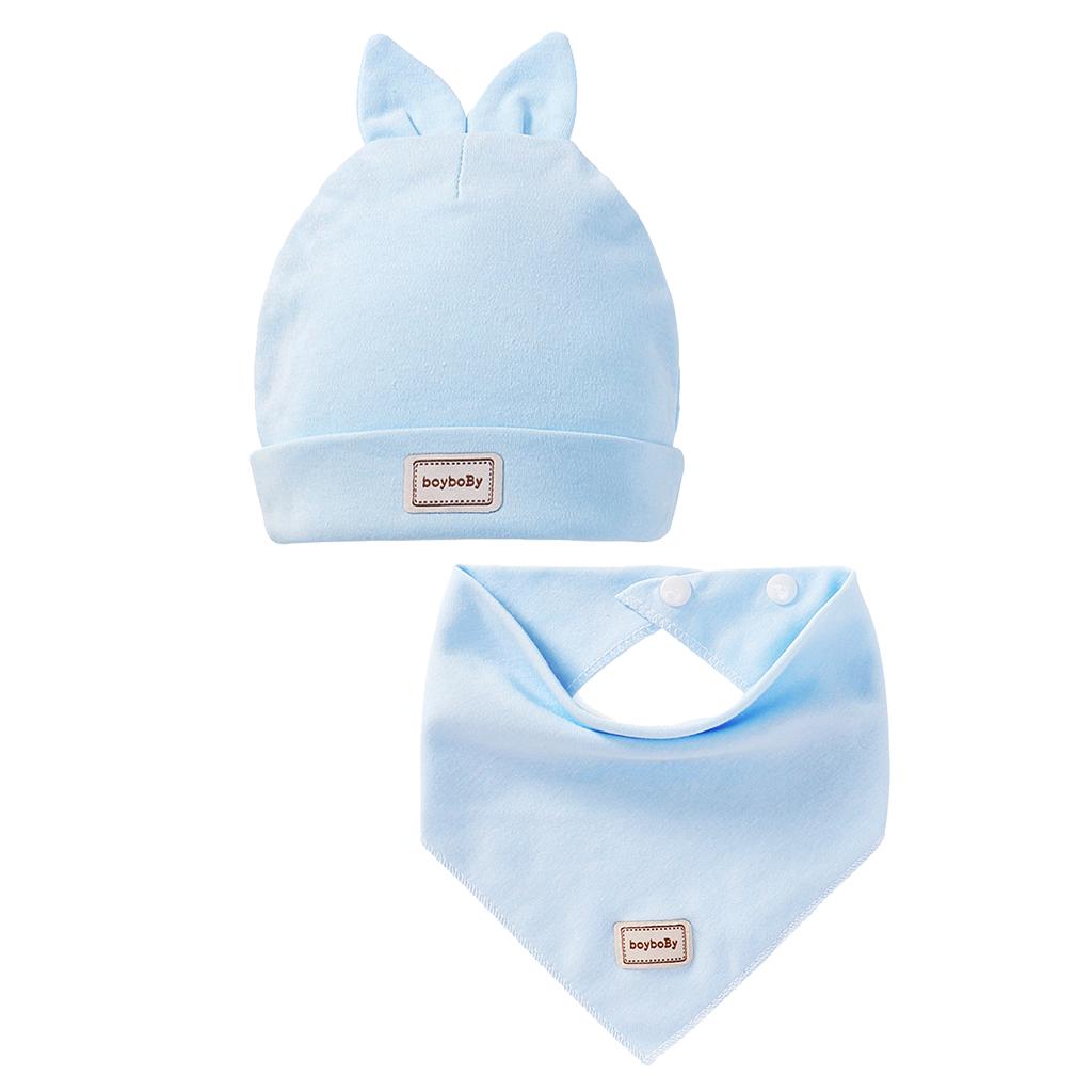 Cotton Beanie Hat Triangle Drool Bib Set for Baby Boy Girls Blue