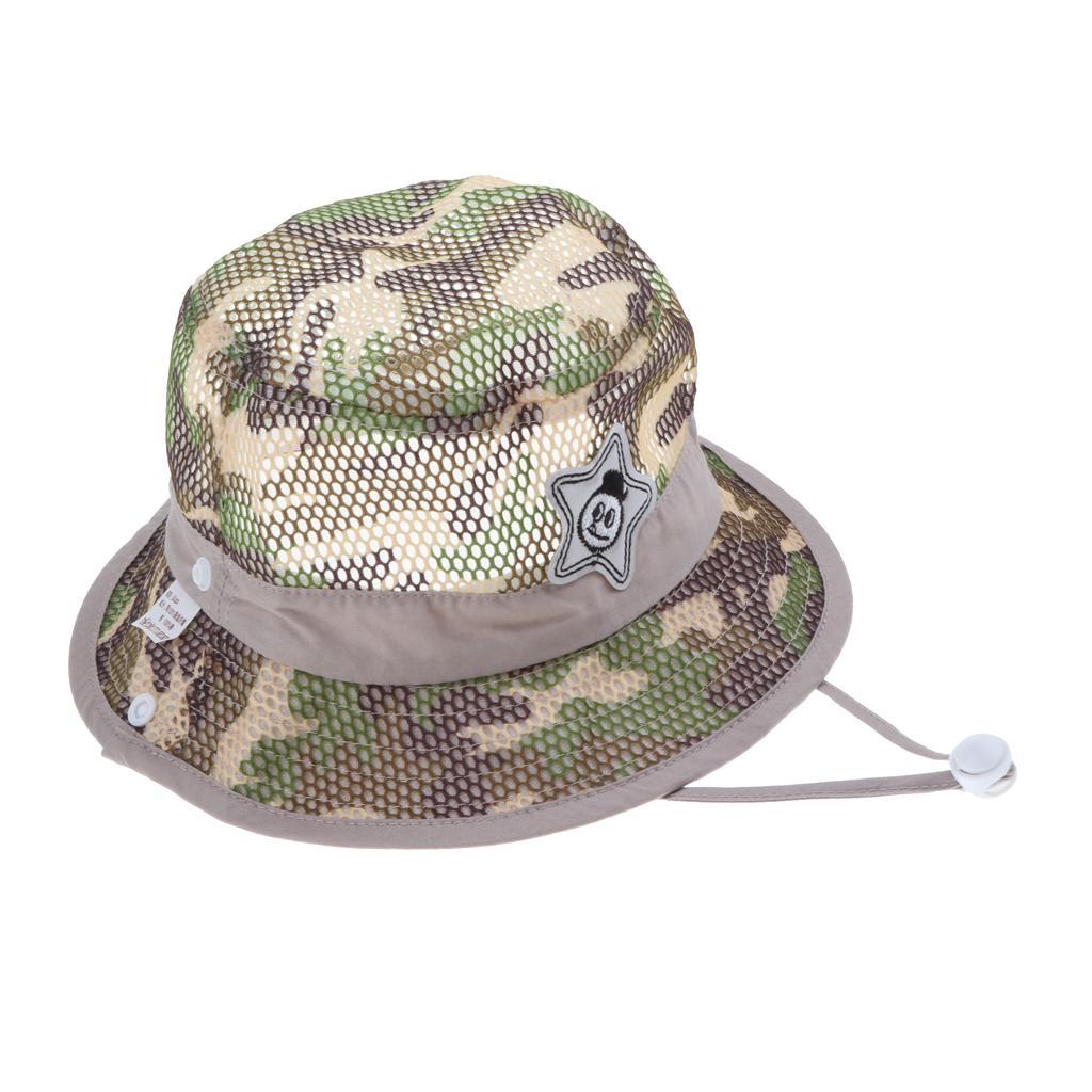 Baby Mesh Camo Fishing Bucket Sun Hat Summer Cap with Chin Strap  Khaki