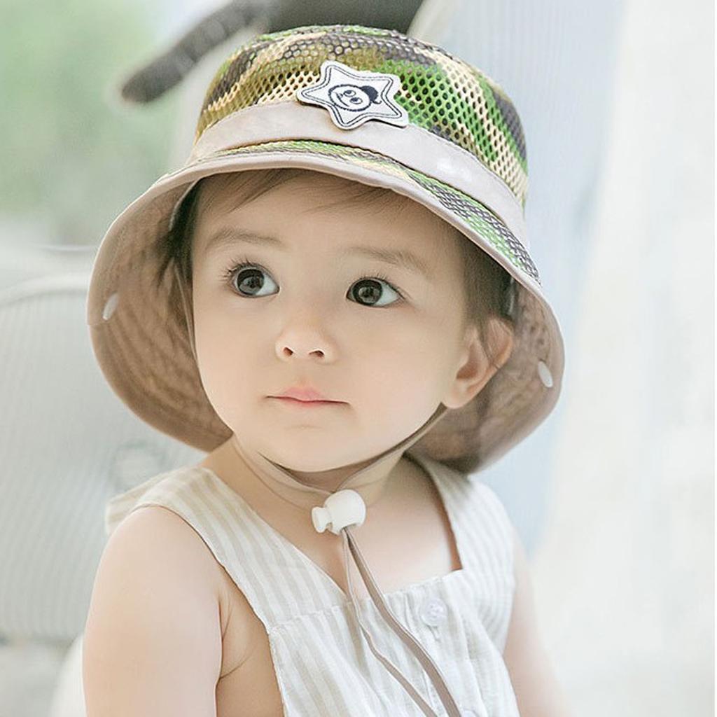 Baby Mesh Camo Fishing Bucket Sun Hat Summer Cap with Chin Strap  Khaki