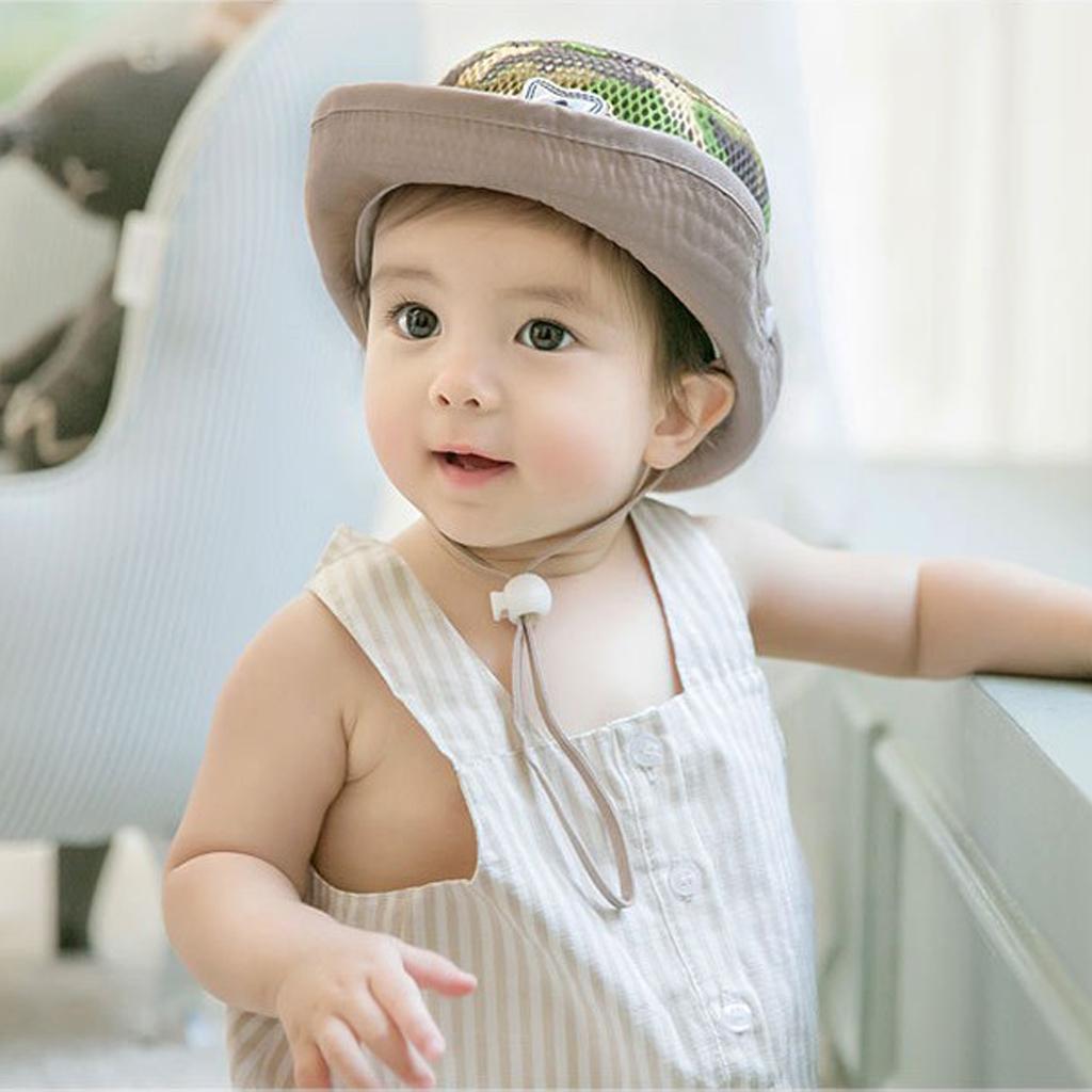 Baby Mesh Camo Fishing Bucket Sun Hat Summer Cap with Chin Strap  Khaki