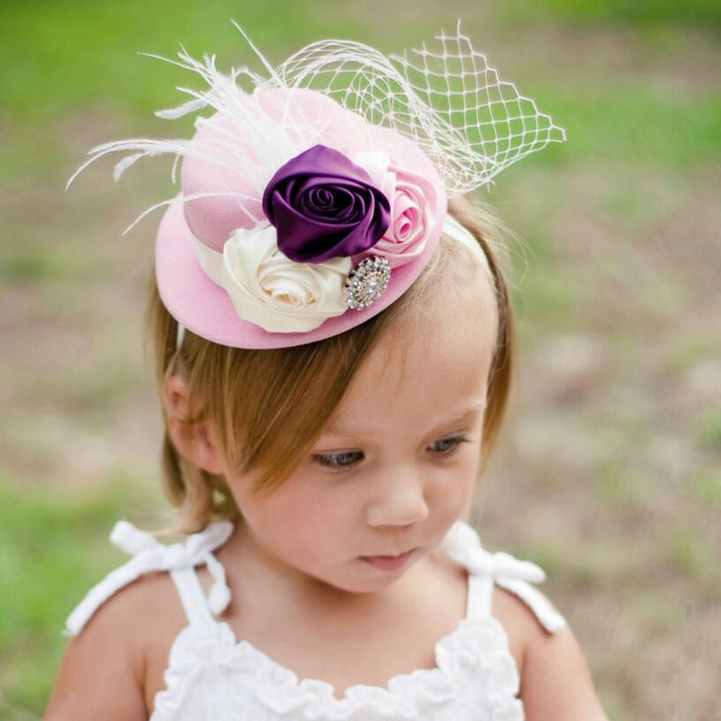 Rose Feather Hat Child Mini Top Hat Fascinator Feather Headpiece  Pink