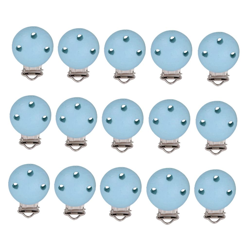 15pcs Round Holes Wooden Dummy Pacifier Clip for Infant Baby Blue