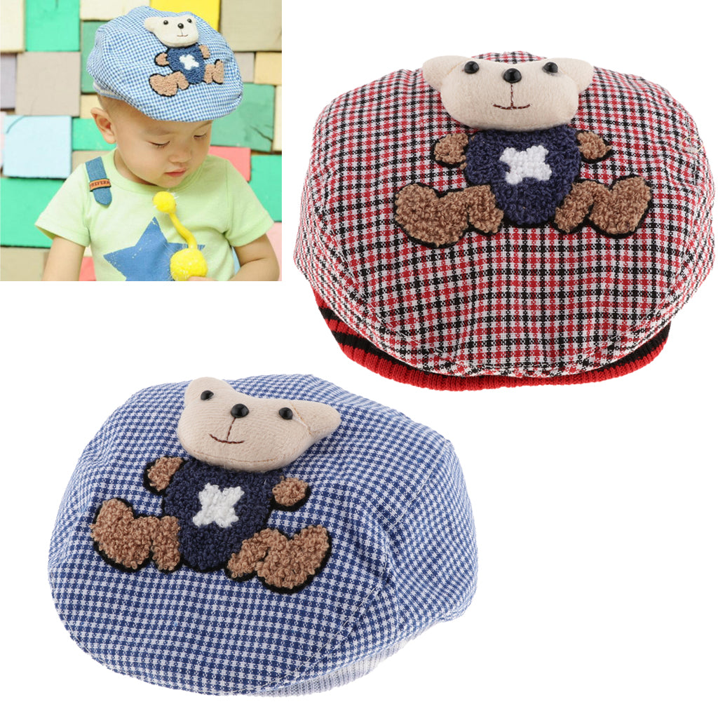 Baby Hat Bear Cartoon Beret Hat Tartan Design Kids Headdress Red