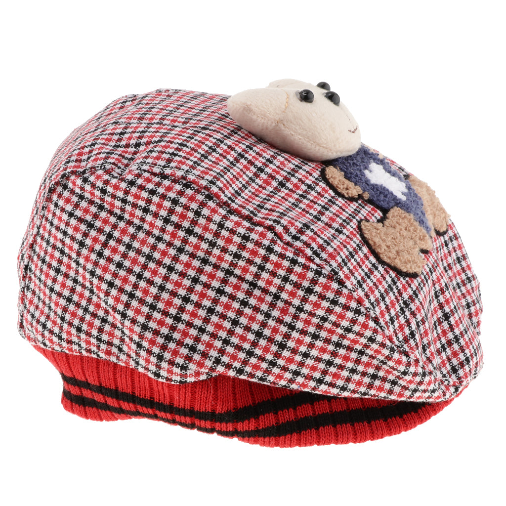 Baby Hat Bear Cartoon Beret Hat Tartan Design Kids Headdress Red