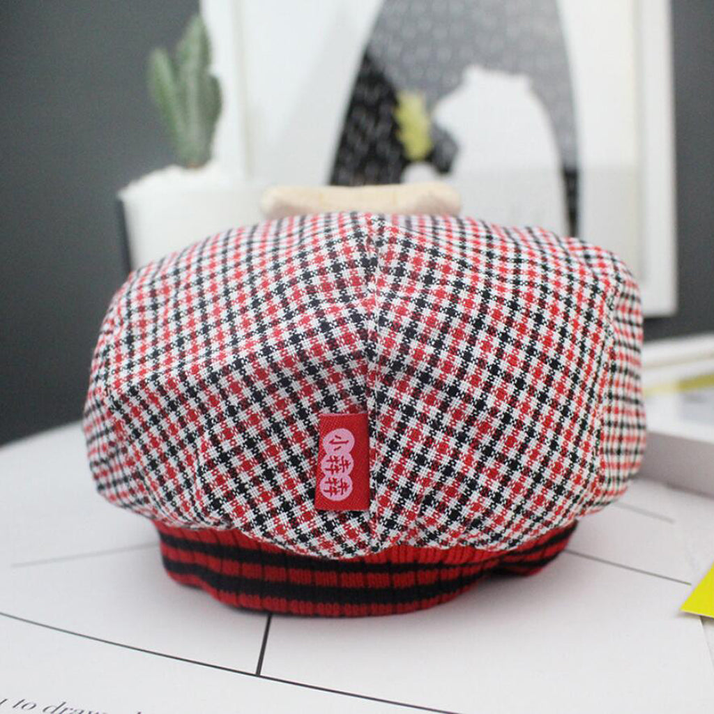 Baby Hat Bear Cartoon Beret Hat Tartan Design Kids Headdress Red